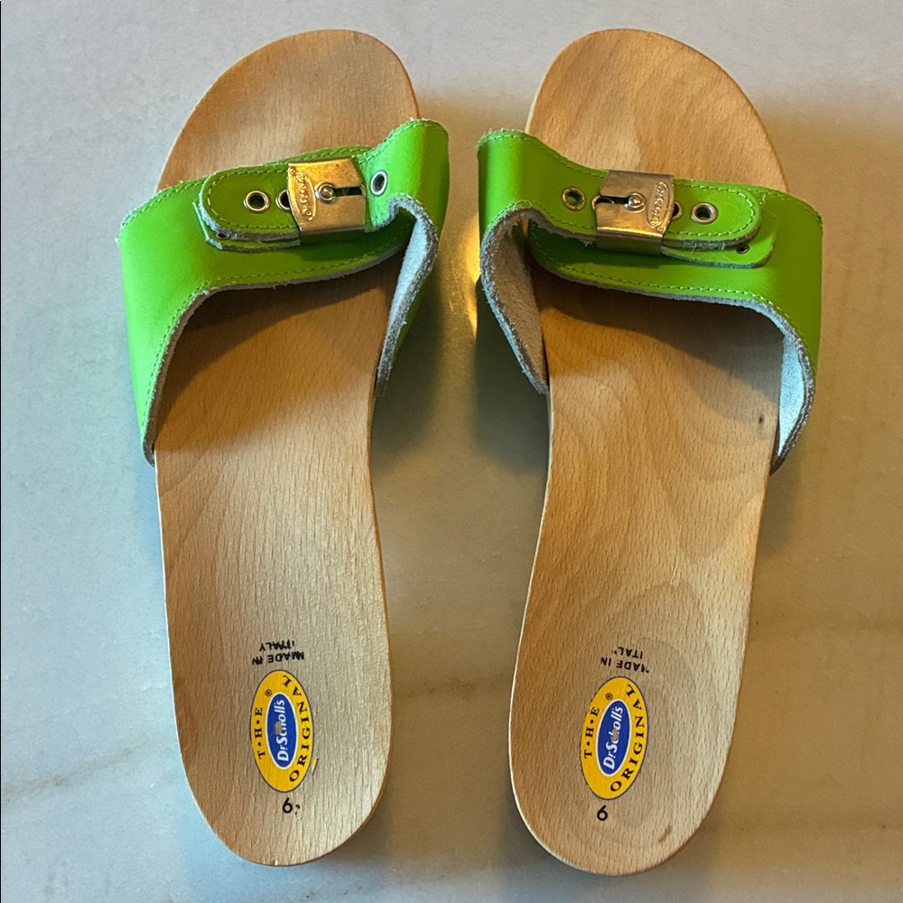 Dr. Scholl's Lime Green Wooden Slide Sandals